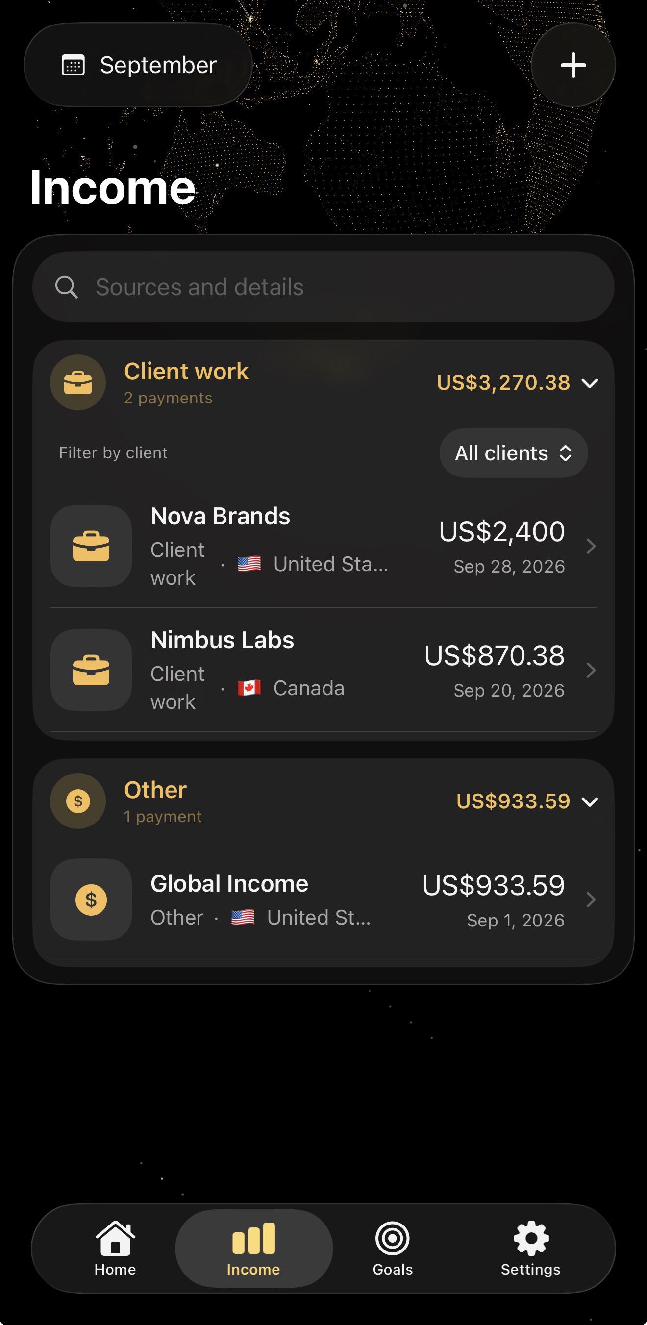 Payday income list grouped by income type and source