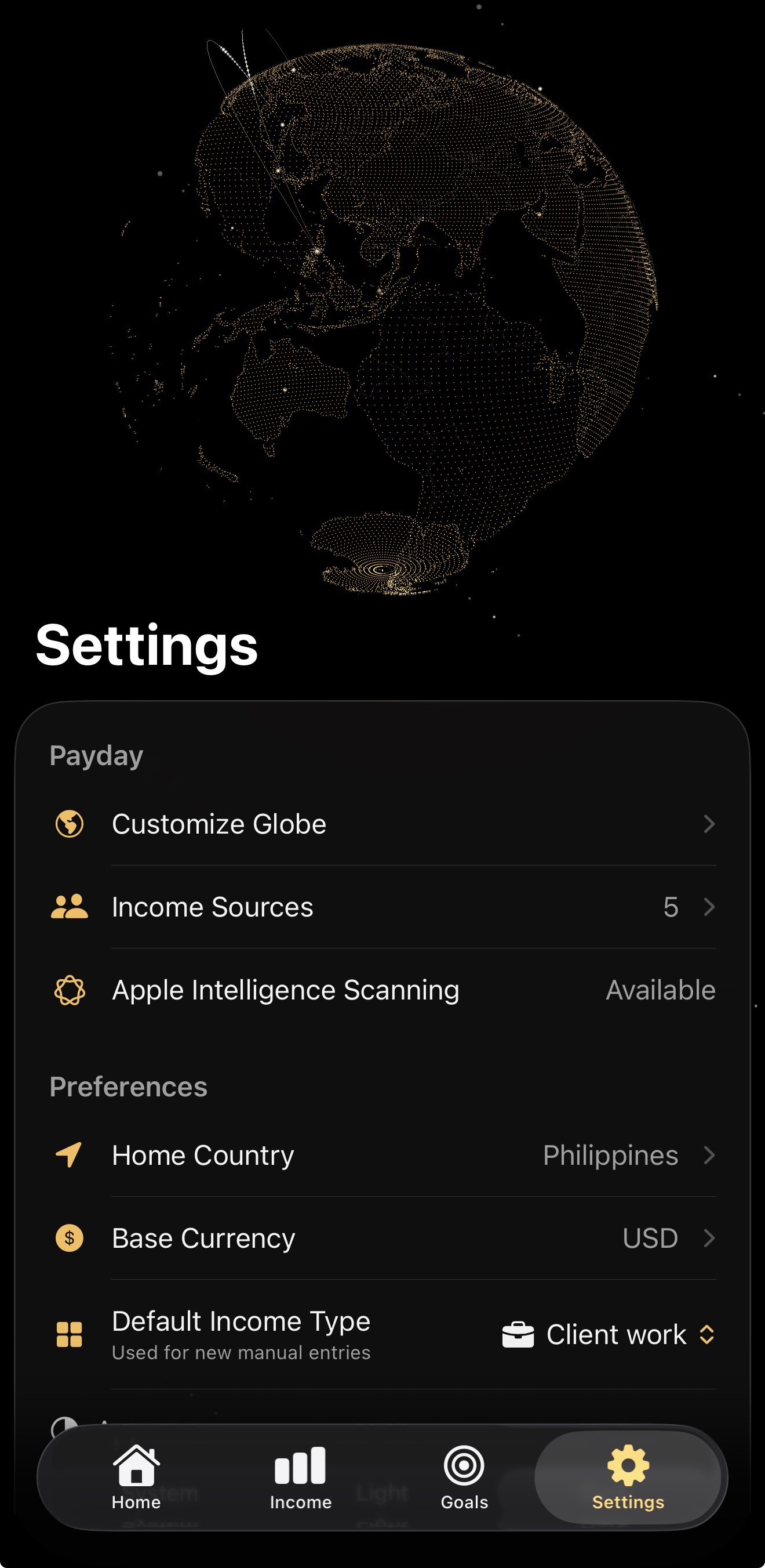 Payday settings for globe, income sources, country, currency, and appearance